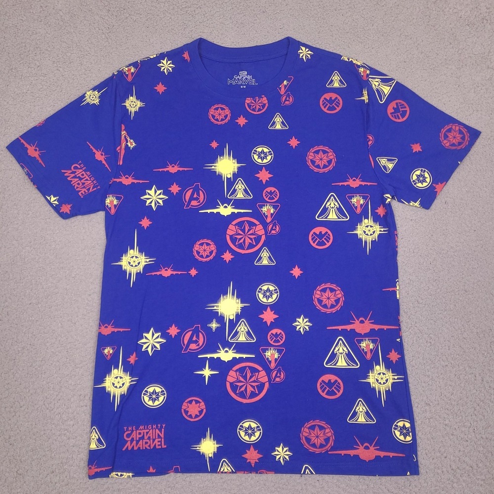 Marvel Mens T-Shirt Medium Captain Marvel All Over Graphic Print Blue